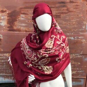 Burgundy Vino Embroidered Scarf Shoulder Wrap Muslim Hijab Paisley Print Shawl